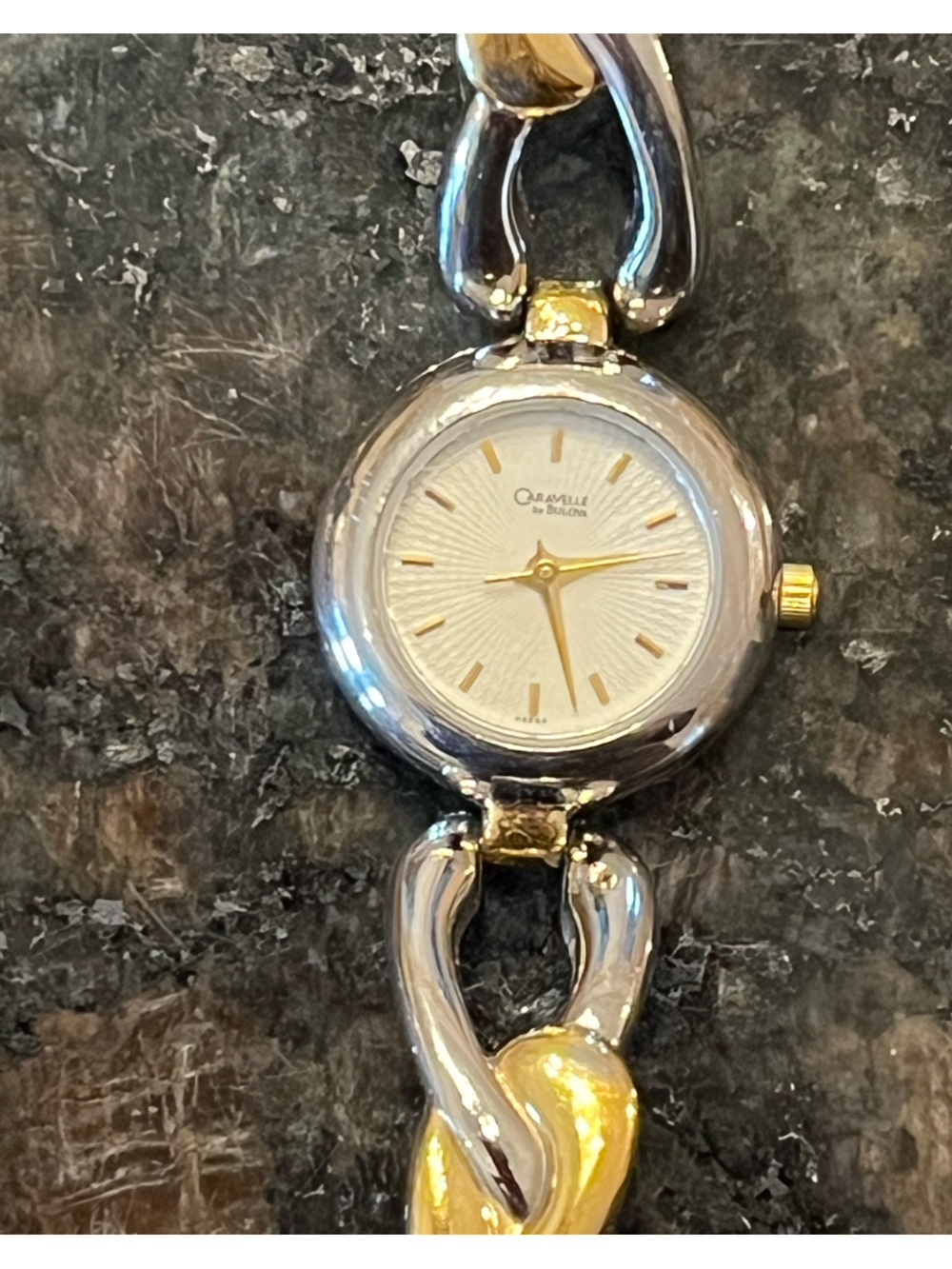 Vintage Caravelle by Bulova Two-Tone Twisted Link Bangle Dress Watch